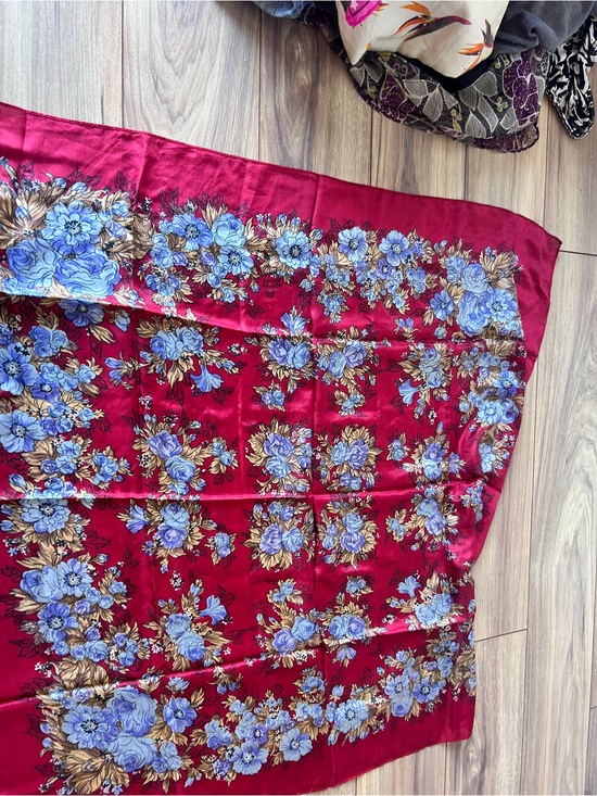 Accessories - Silk Vintage Red Floral Satin Scarf with Blue Roses